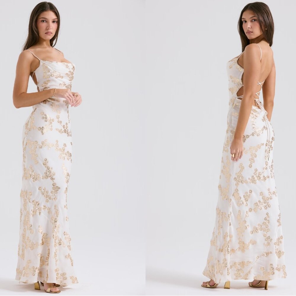HOUSE OF CB 'Capriana' White & Gold Jacquard Satin Gown NWOT - Picture 2 of 7